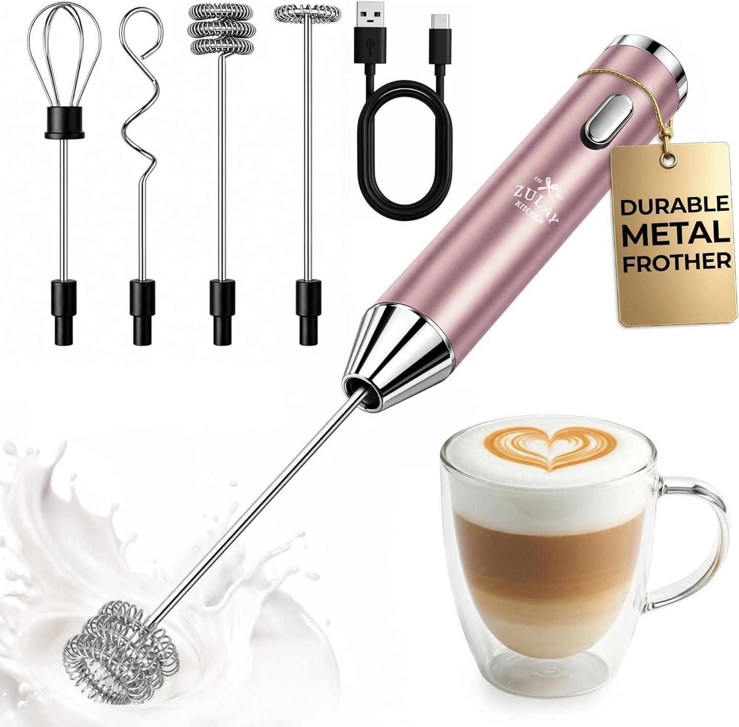 Zulay Kitchen Rechargeable Milk Frother - Handheld Electric Drink Mixer with 3 Whisk Attachments | USB-C Charging, Lasts 6 Months