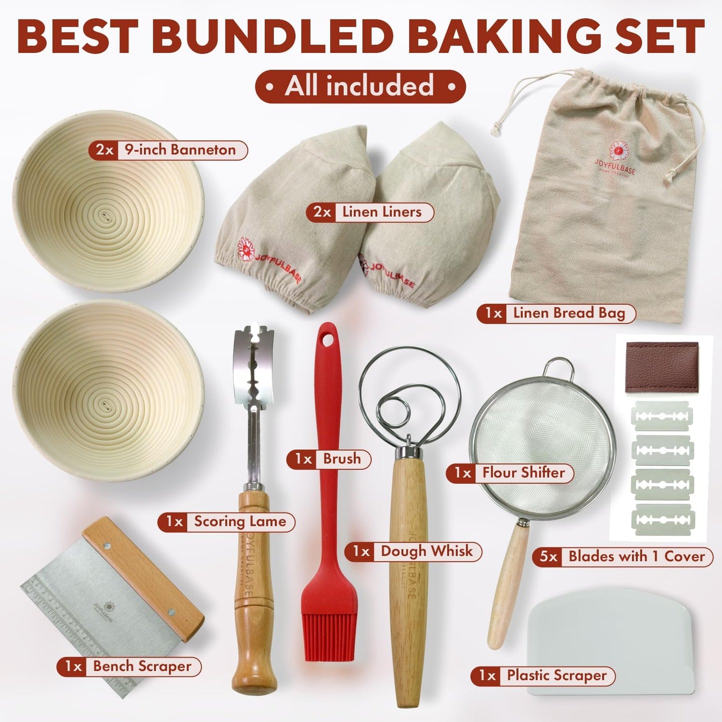 Banneton Bread Proofing Basket Set - 9-Inch Round Artisan Sourdough Baking Kit with Tools & Liners