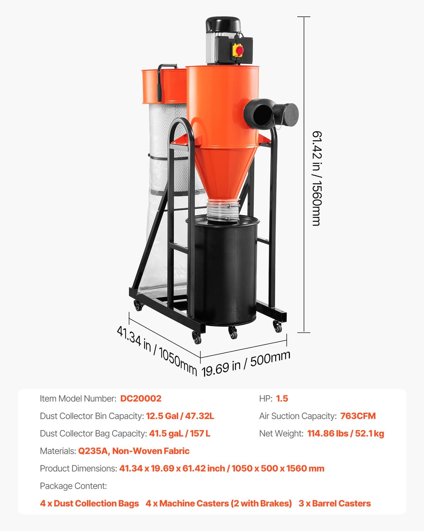 VEVOR Dust Collector, 763 CFM 1 Micron Cyclone Dust Collector, 1.5HP Dusts Collection System with 12.5-Gallon Dust Collector Bag & Base Stand, Smart Cyclone Separation, Dusts Separator for Woodworking
