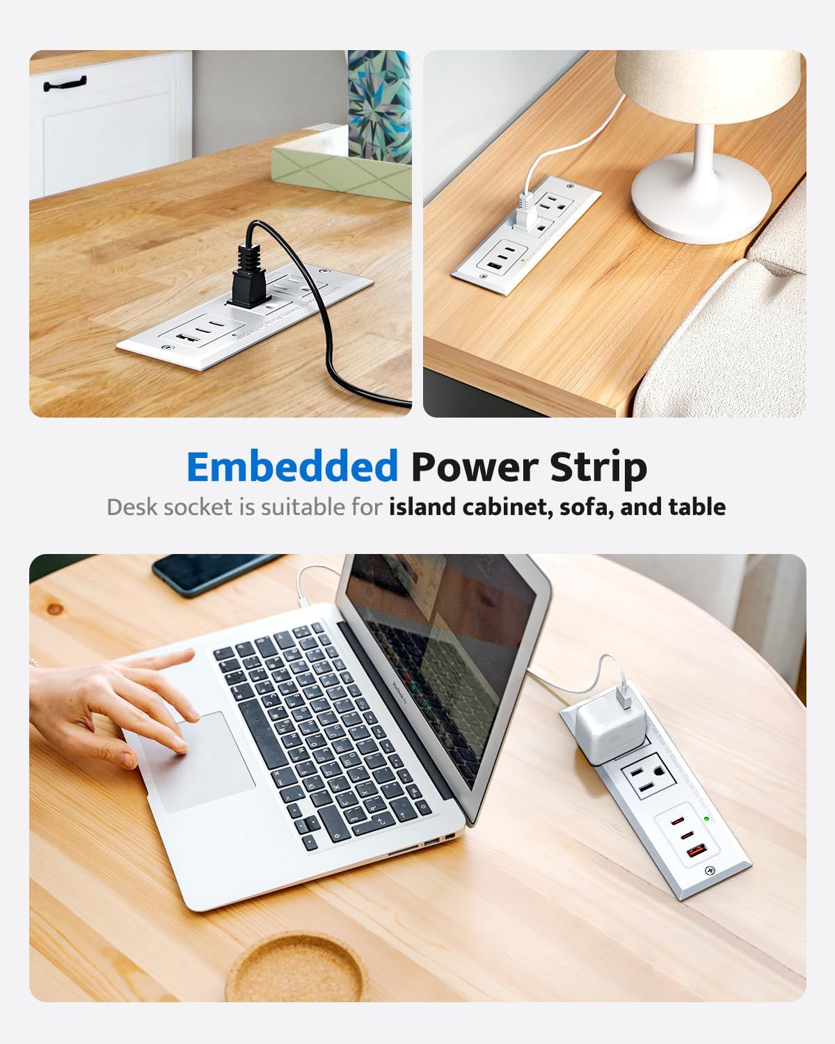 DOACE 20W 6ft 45 Recessed Power Strip with USB C Port, Fast Charging USB A Port Conference Recessed Outlet, Space-Saver