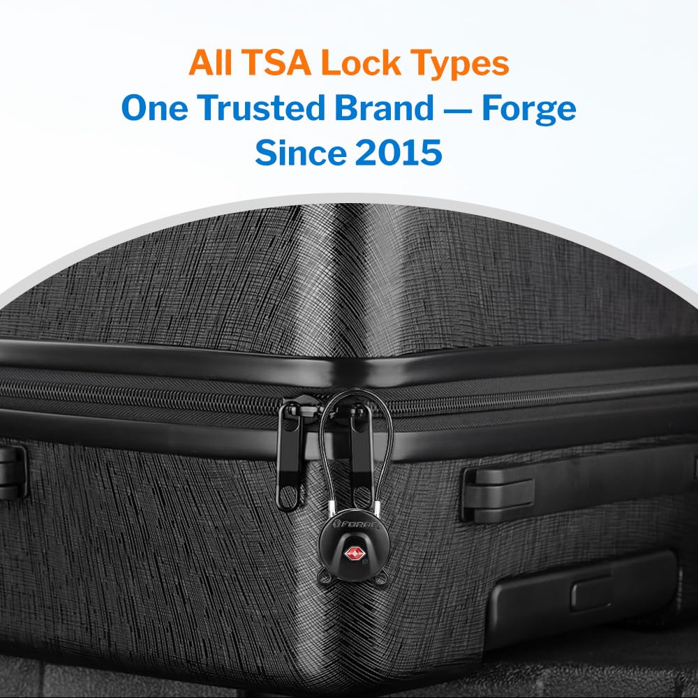 FORGE TSA Approved Luggage Locks Keyed Alike, TSA006 Dimple Key Travel Lock with Zinc Alloy Metal Body, Secure Cable Lock for Suitcase, Backpack, Luggage & Toolbox, Black 2 Pack.