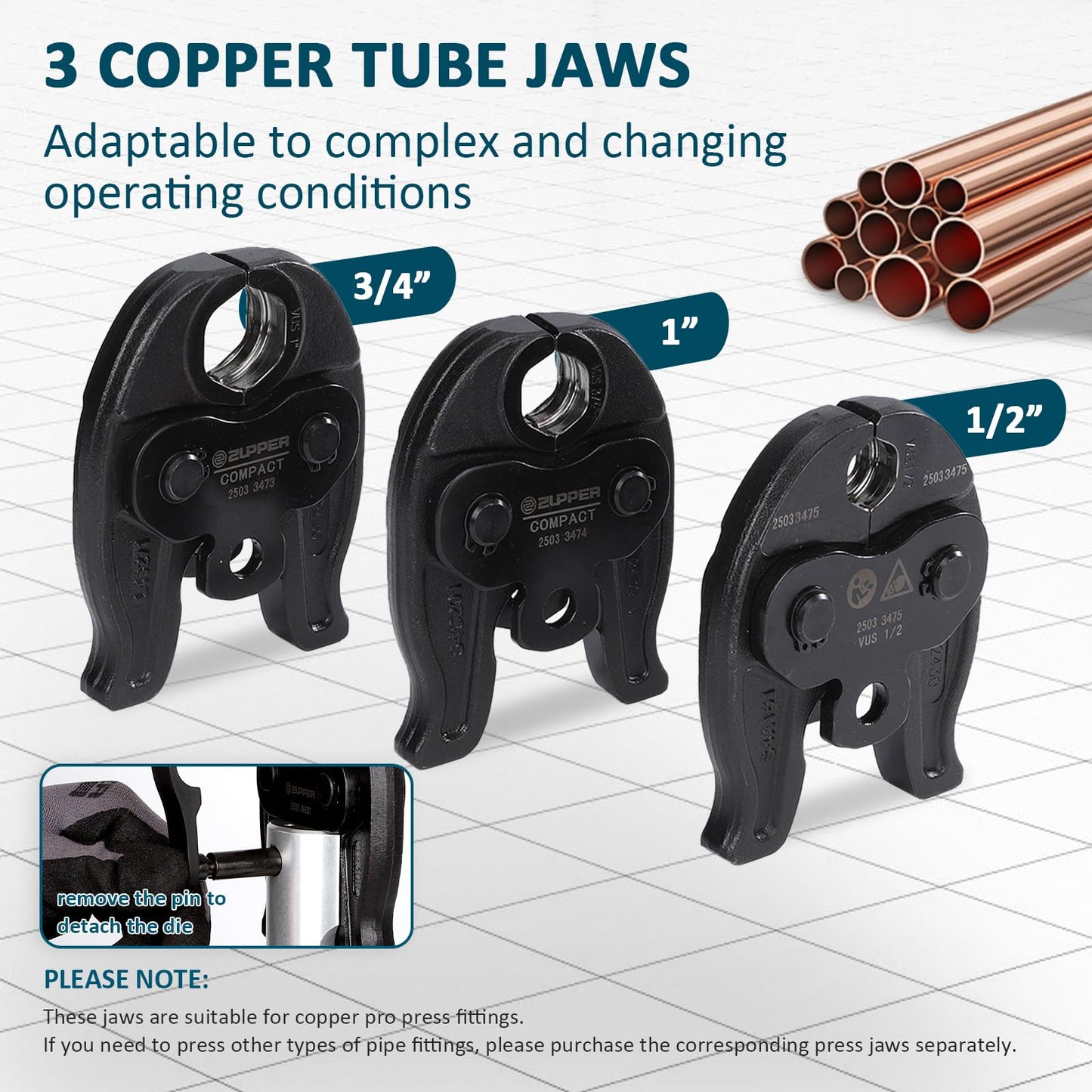 ZUPPER Compact Press Tool Kit,18V Electric Pipe Crimping Tool for 1/2", 3/4", 1" Copper Pipes Brushless Motor Compatible with Propress 2pcs 2Ah Battery