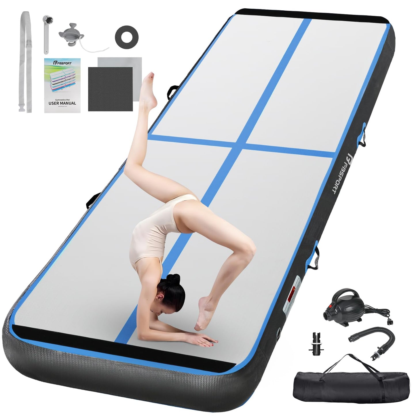 FBSPORT 16ft Inflatable Air Gymnastics Mat Training Mats 4 inches Thickness Gymnastics Tracks for Home Use/Training/Cheerleading/Yoga/Water with Pump
