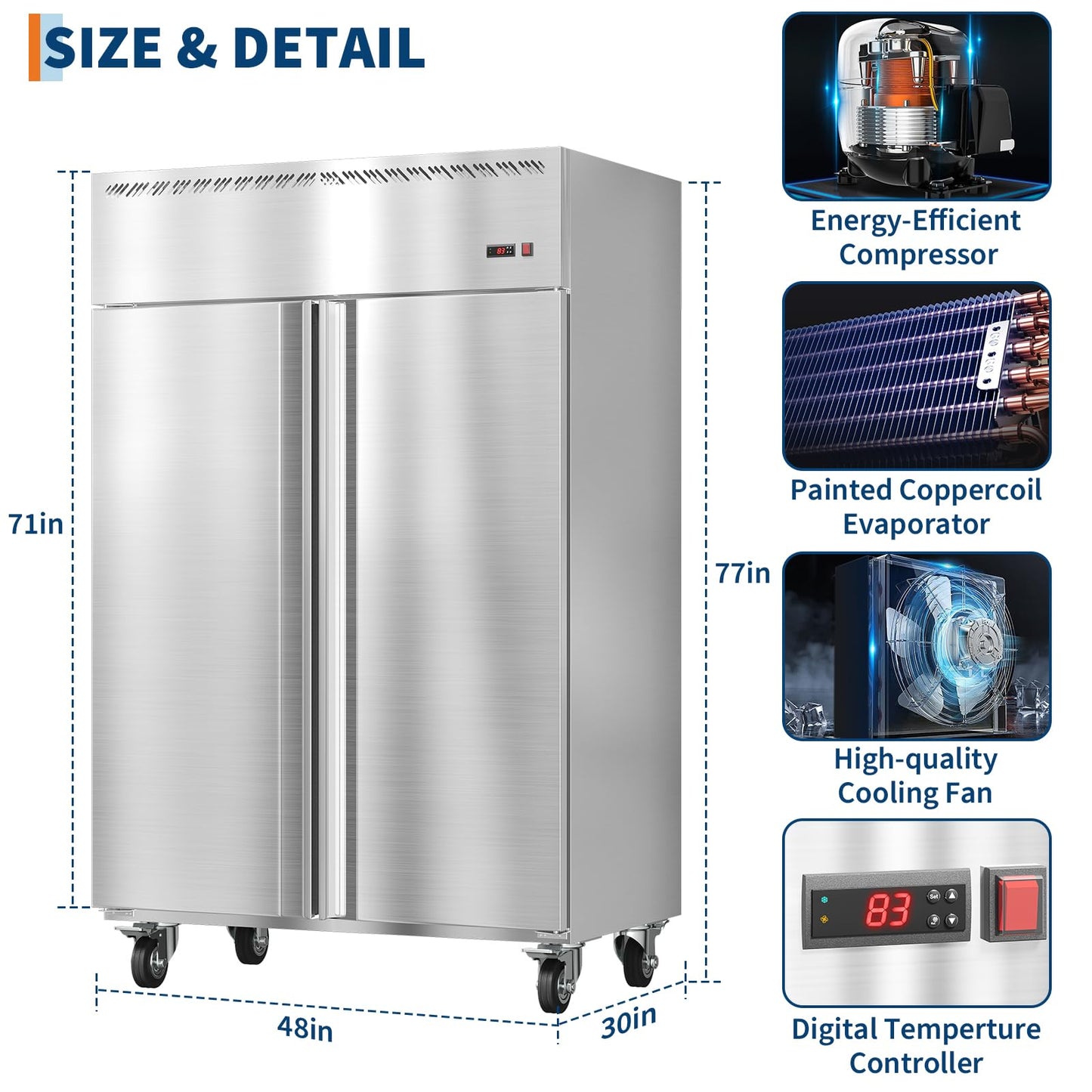PeakPursuit 48" W Commercial Freezer -8°F~0°F,Reach-in 36 Cu.ft 2 Door Stainless Steel Commercial Refrigerator Fan Cooling,6 Adjustable Shelves, Auto Defrost,for Restaurant,Bar,Kitchen,Shop