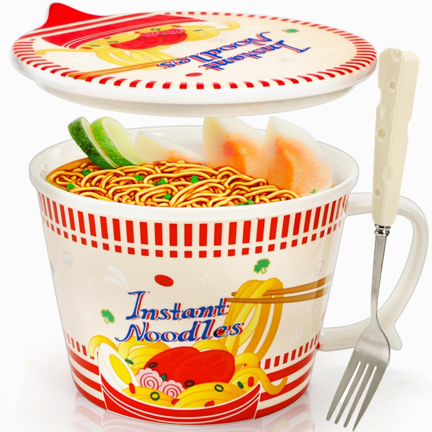 Pumtus Ceramic Ramen Bowl with Lid, 35 OZ Large Japanese Instant Noodle Cup with Fork & Handle, Cute Deep Soup Mug Set, Cereal Porridge Tableware for Home Office Dorm, Microwave & Dishwasher Safe