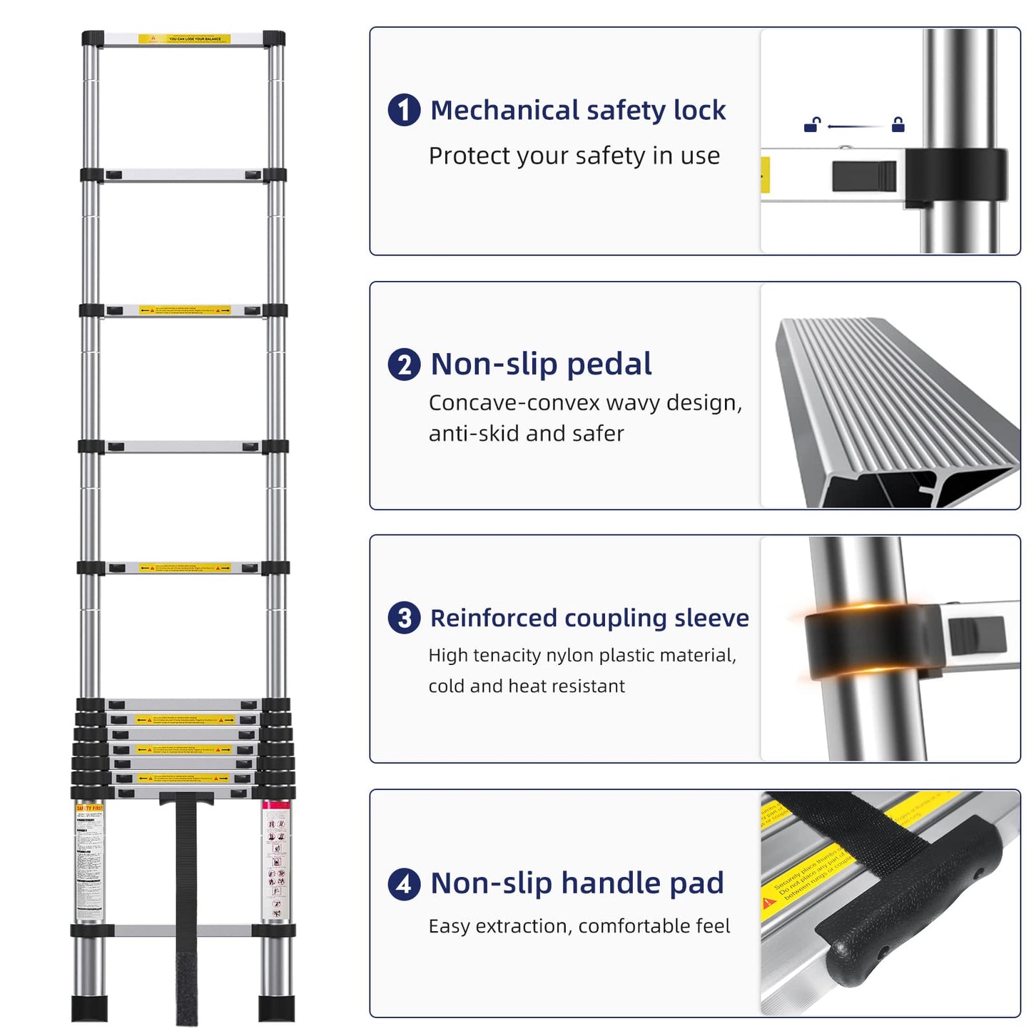 MGENLONG 12.5FT Telescoping Ladder- Multi-Purpose Aluminum Extension Ladder Adjustable Compact Ladder for Household, RV, Outdoor, 330lbs Max Capacity
