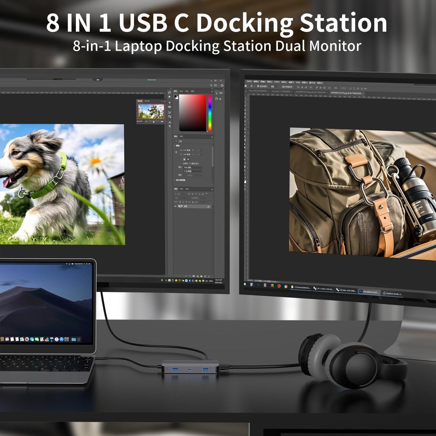 YUANSHAN 4K 8-in-1 3.0, Docking Station Dual Monitor for HP/Dell/Lenovo/MacBook, USB C Hub Adapter with Dual HDMI