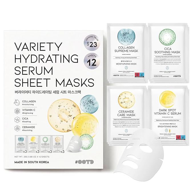 #OOTD Face Mask Korean Skincare for Dry Sensitive Skin | Hydrating, Revitalizing, Calming, Collagen, Ceramide, Cica, Vitamin C Serum Sheet Masks (12EA)
