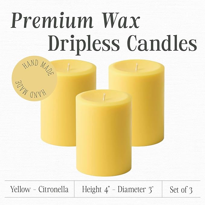 Mister Candle Citronella Candles, Ideal for Outdoor & Indoor Use, 3"x4" Yellow Pillar Candles Set of 3, Hand Poured, Premium Wax & Dripless, 60 Hour Burn Time