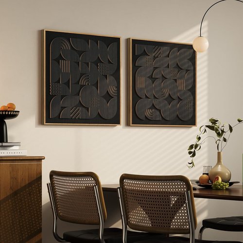 Framed 3D Black Abstract Wood Wall Art - Set of 2 Modern Geometric Paintings | Minimalist Decor 24x24 Inch