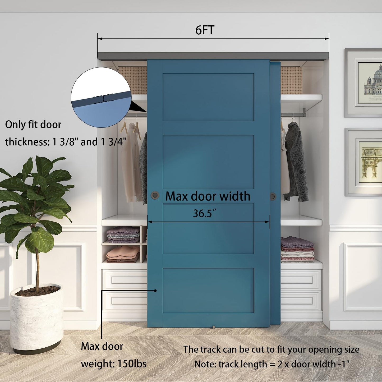 JUBEST 6FT/72 Heavy Duty Bypass Door Hardware with Soft Close Mechanism, Sturdy Closet Door Track for 2 Door System, Quietly and Smoothly, Fit Door Thickness 1 3/8" or 1 3/4", Easy to Install, Black