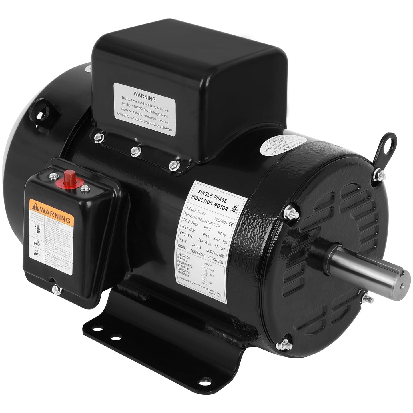 3HP Electric Motor 1750RPM Farm Duty Single Phase Motor 4 Pole 1-1/8" Shaft Diameter, 2.75" Shaft Length,184T CW/CCW TEFC IP55 60HZ
