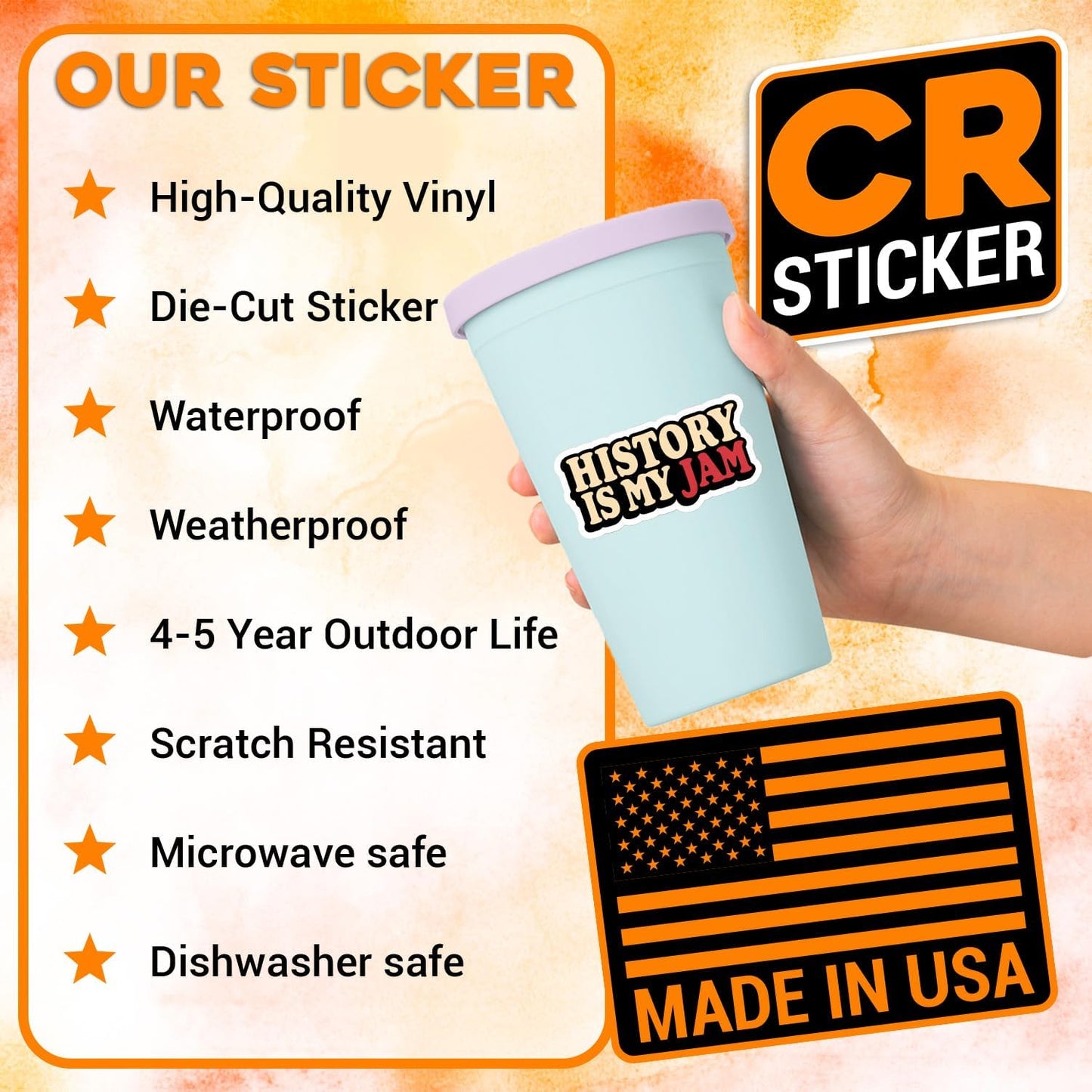 CRSTICKER H5 History is My Jam History Sticker Waterproof Vinyl Decal for Water Bottle Laptop Hard Hat Tumbler Cup Cars