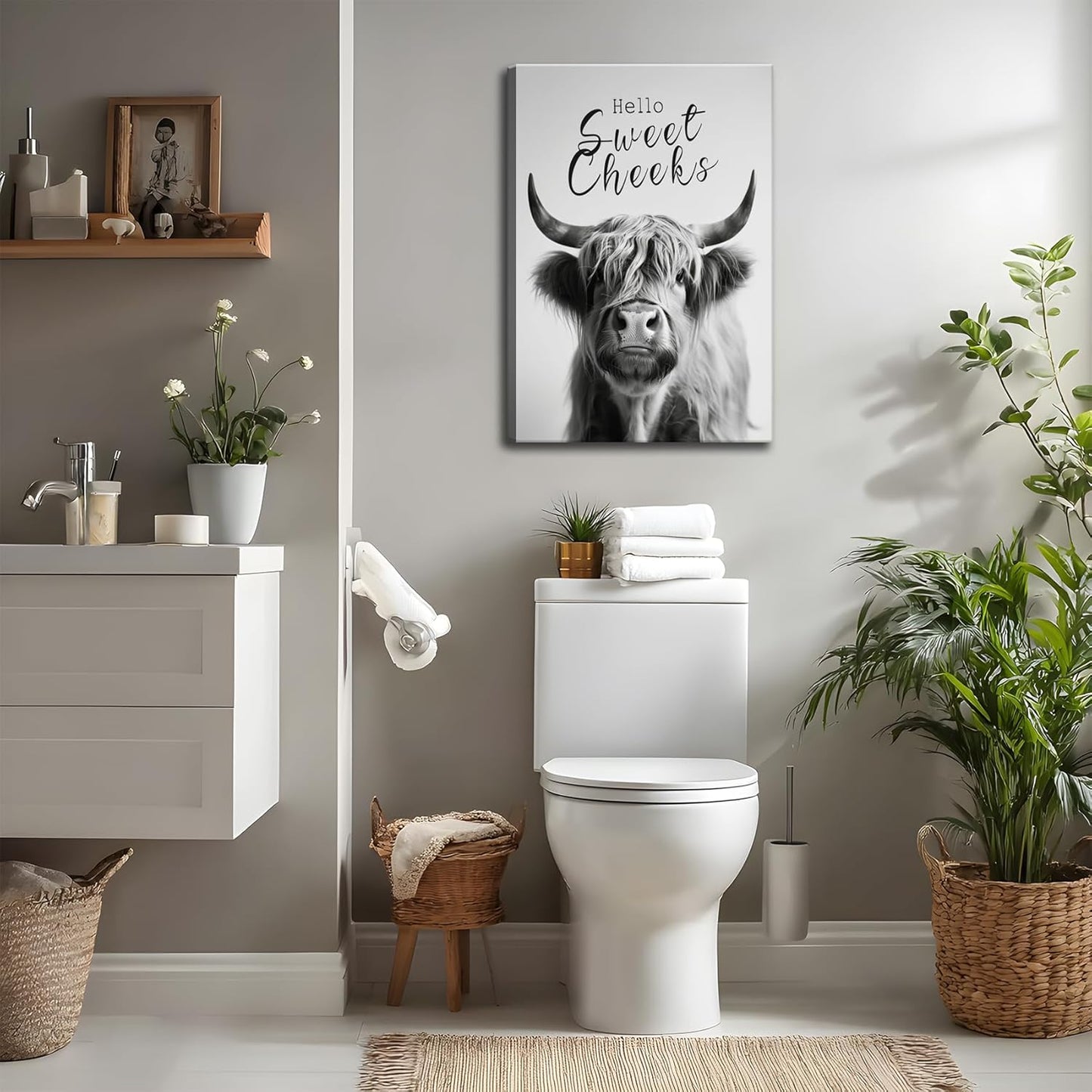 Skiennix Funny Highland Cow Wall Art - Black & White Bathroom Decor | 16x24in Framed Print