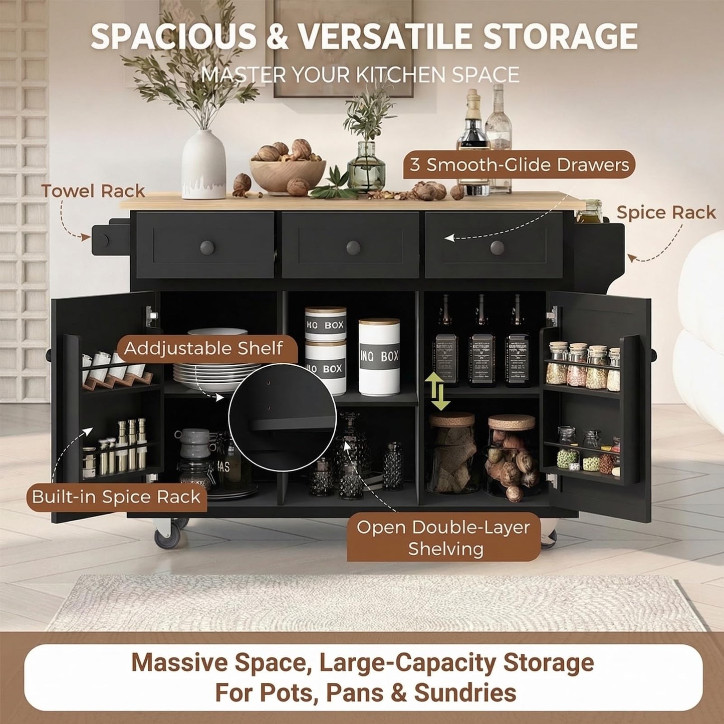 Waully 53'' Mobile Kitchen Island with Seating, Rolling Kitchen Island with Storage and Drop Leaf, 3 Drawers Islands Cart Rubberwood Top, 2 Open Shelves, Isla para Cocina, Black + 2 StooIs