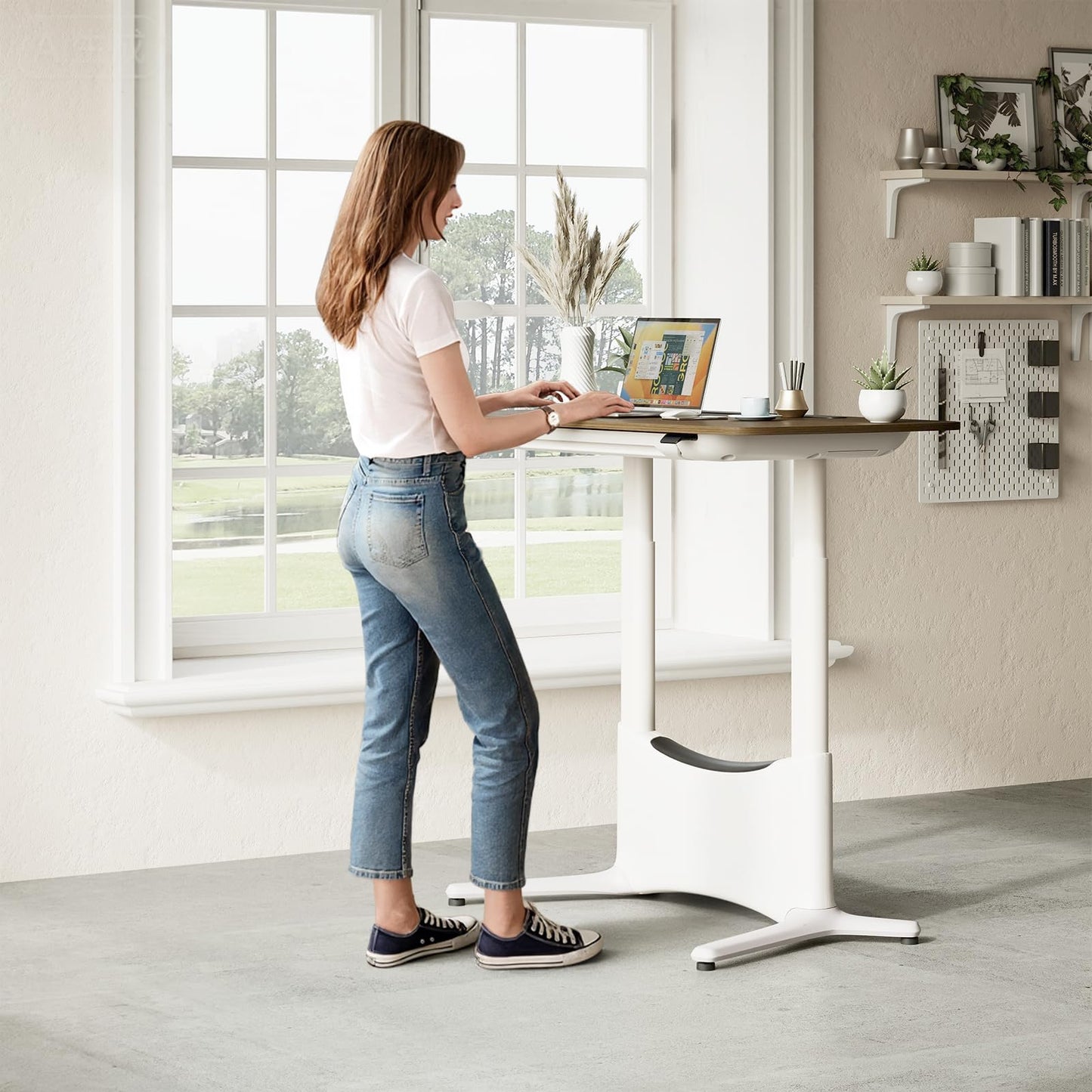 COLAMY Electric Adjustable Standing Desk – 48 x 28 Inch Sit Stand Desk with Drawer & Cable Management, Dual Motor Lift System, Ergonomic Footrest, Home Office Table (MFC Desktop, Walnut + White)