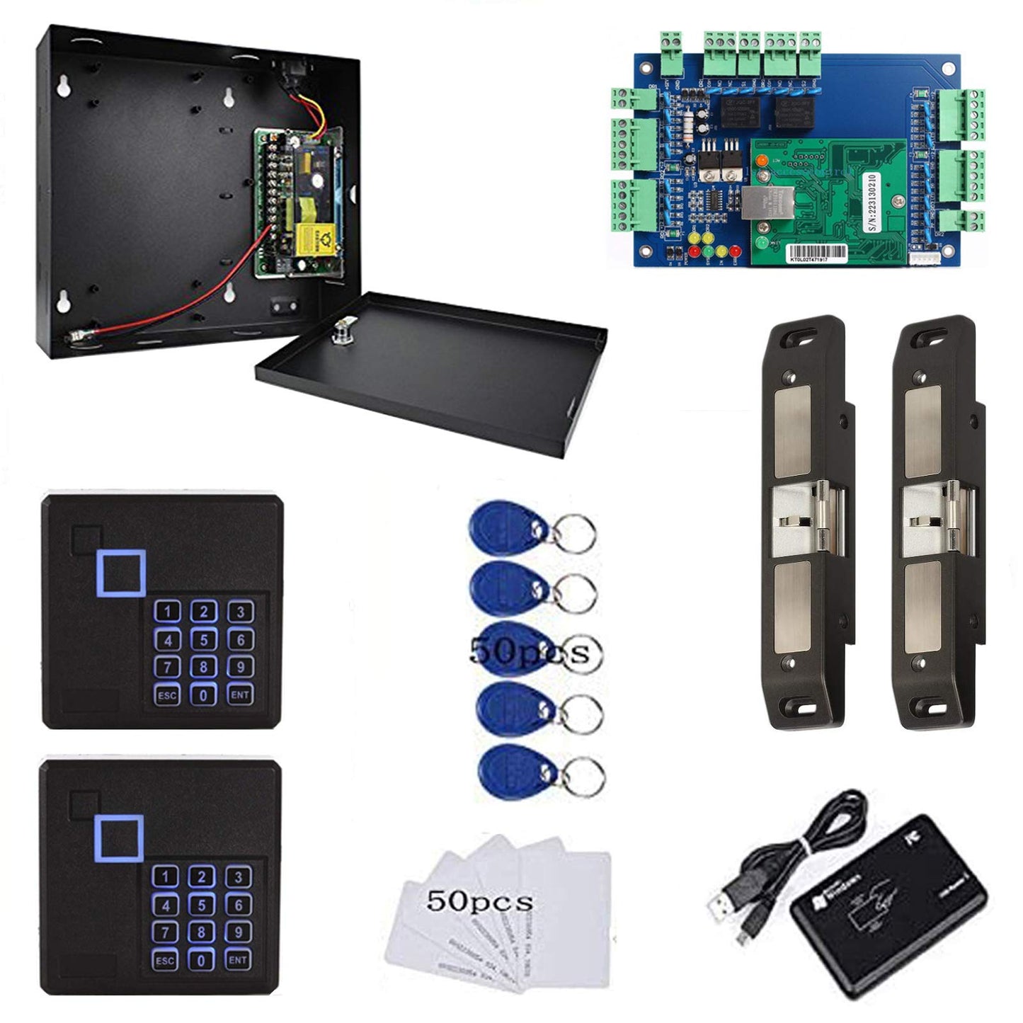MENGQI-CONTROL 2 Doors Smart Access Control for Fire Exit Door Rim Exit Devices with Push Bar Electric Strike Lock RFID Keypad Reader 110V Power Supply Box Keychains Cards(Phone APP Remote Open Door)