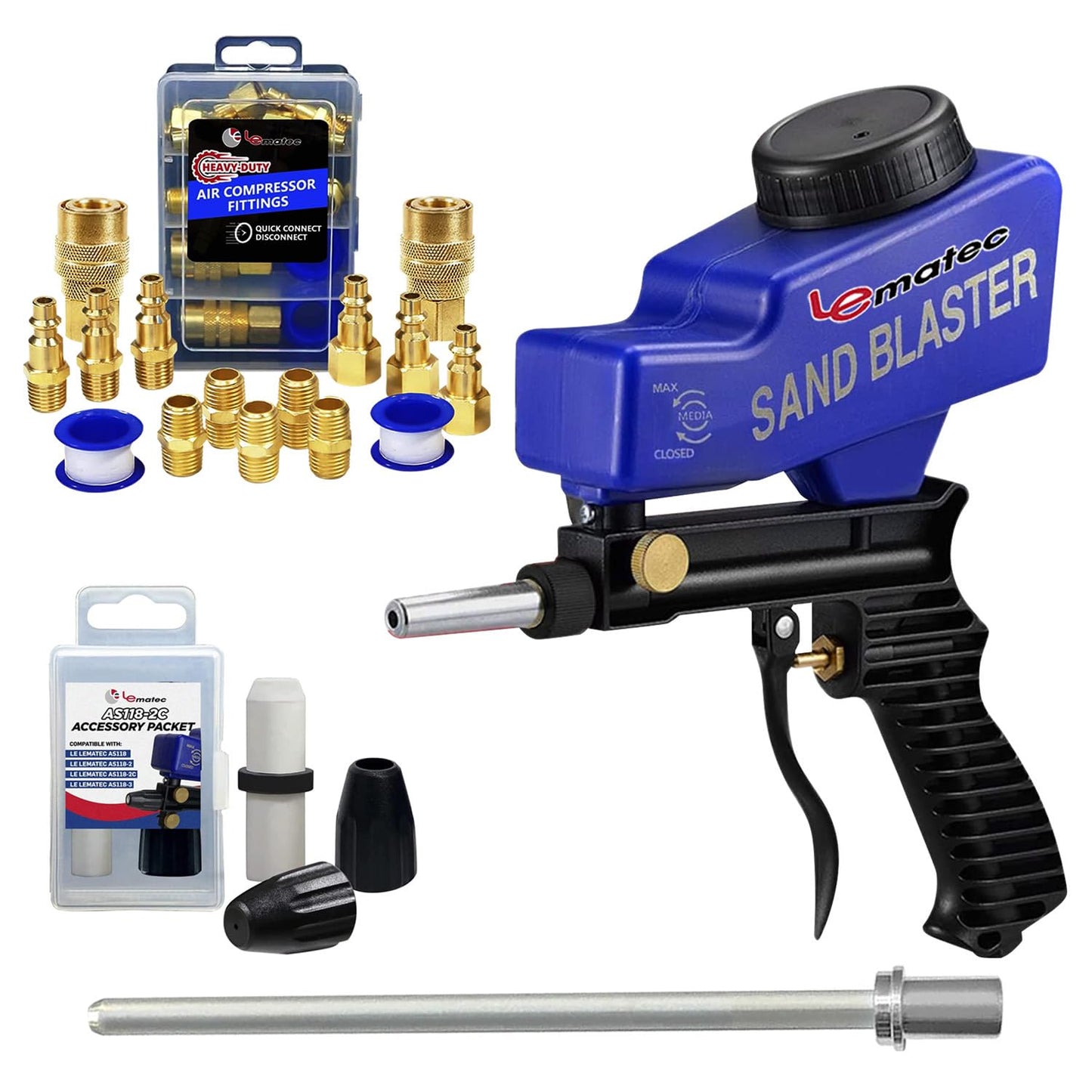 LE LEMATEC Sandblaster Bundle: Sand Blaster Gun Kit, Long Nozzle, Accessories & Fitting Kit
