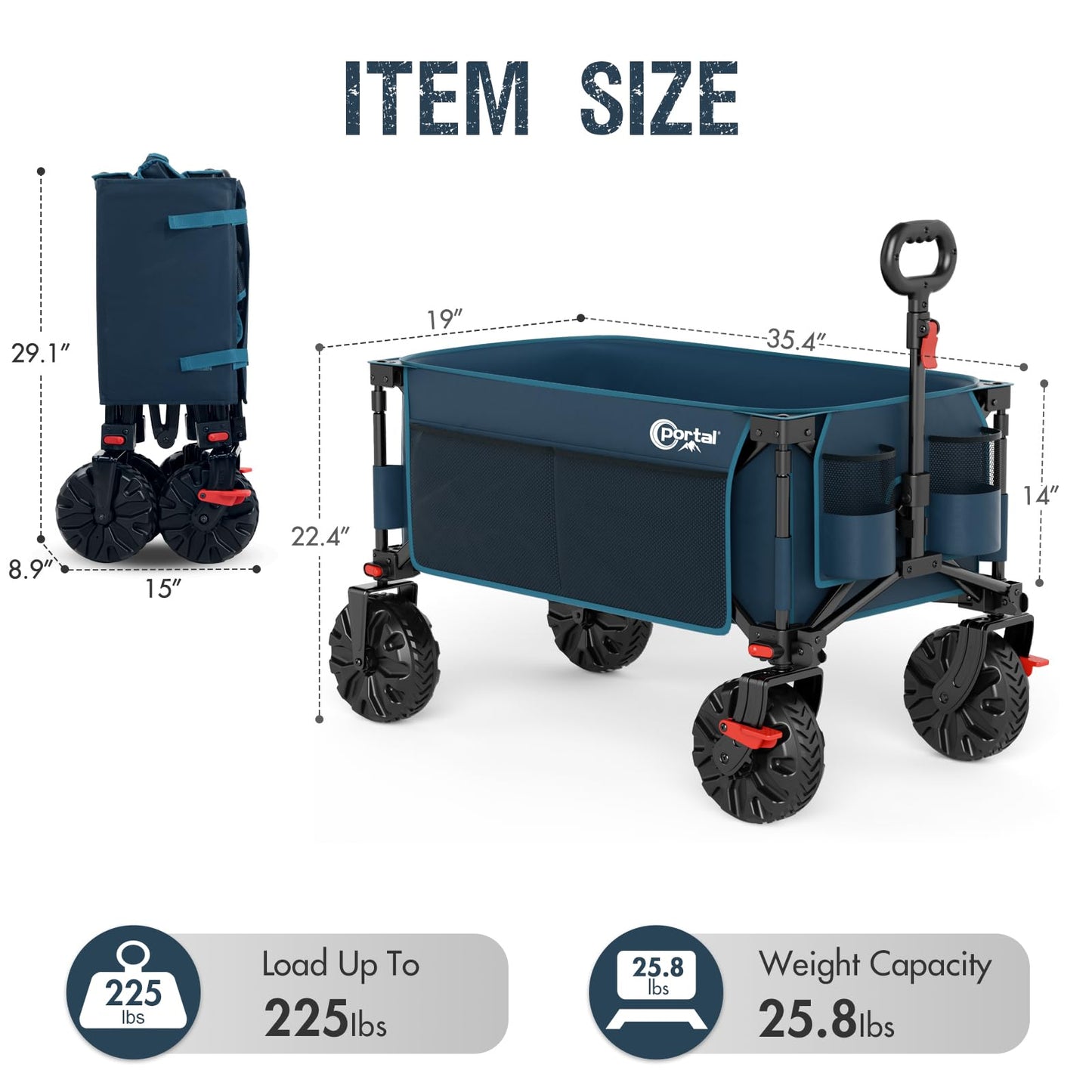 Portal Collapsible Wagon with Brakes, Heavy Duty Utility Cart with All-Terrain Wheels, Portable Folding Wagons for Camping, Beach, Garden, Shopping, and Groceries
