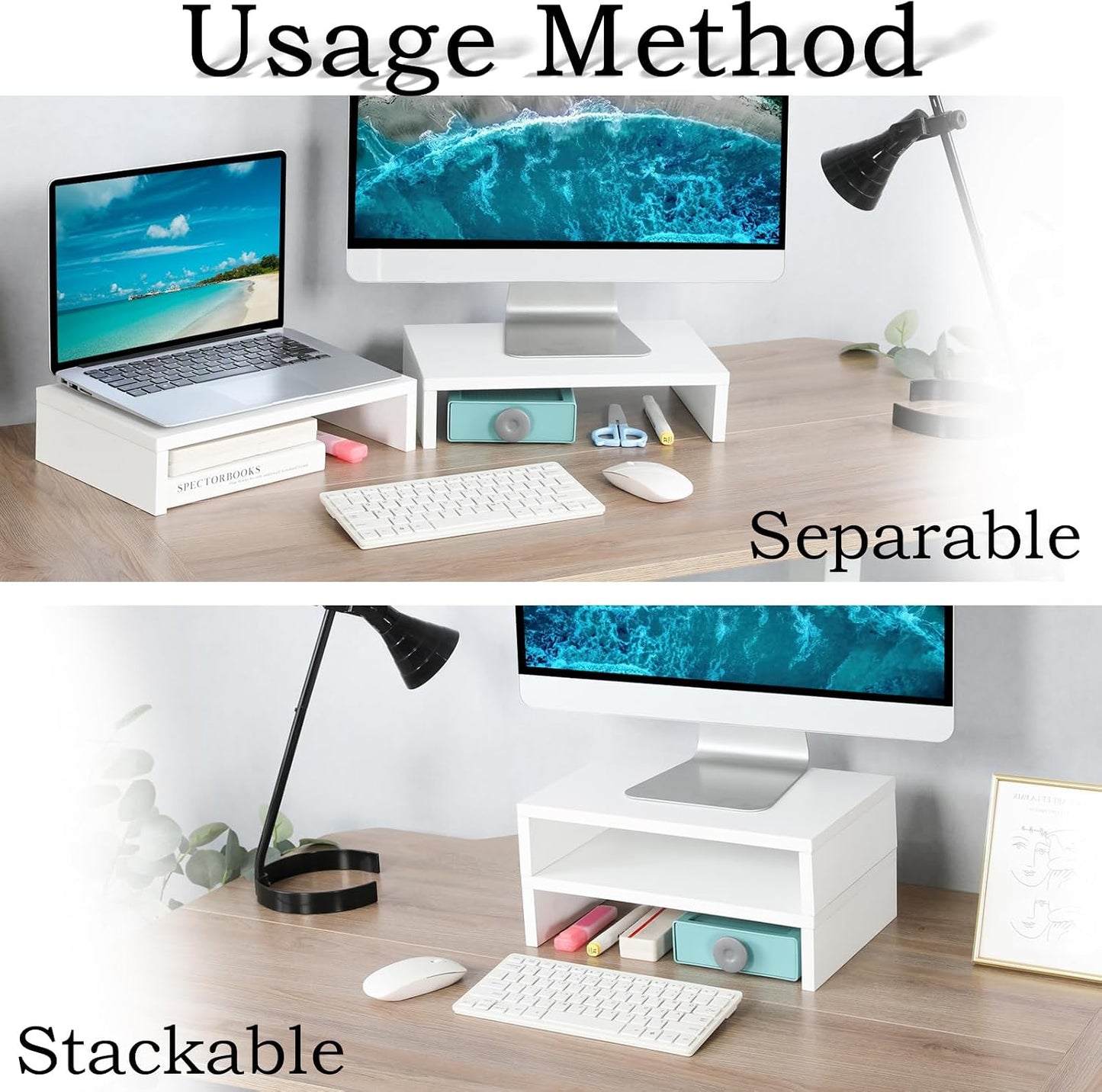 2 Pack, 2 TEAMIX White Monitor Stand Riser - Wood Tier Adjustable Dual Monitor Riser for Laptop/PC Computer Stand