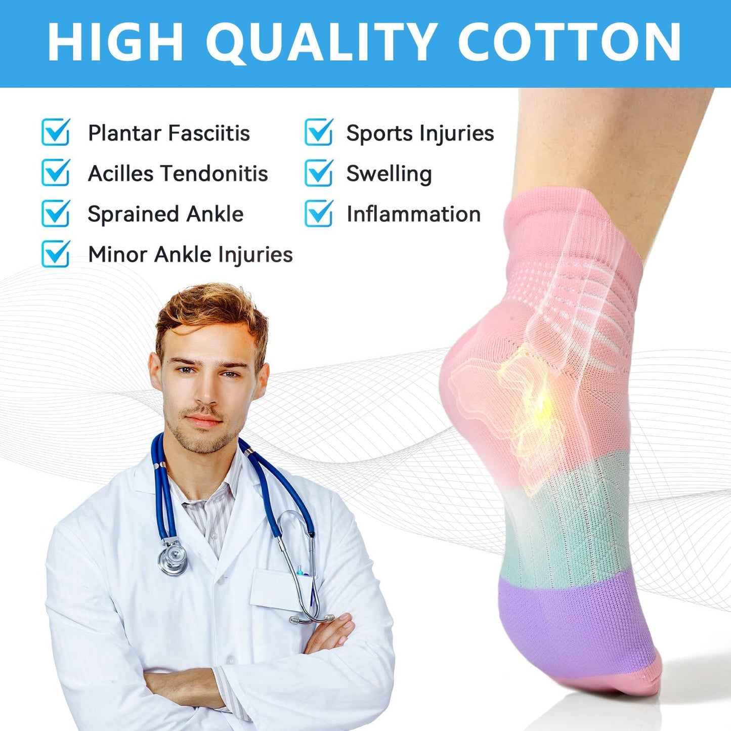 IRAMY Compression Ankle Support Socks Women Wicking Cushioned Athletic Plantar Fasciitis Relief,Black+White+Grey,3 Pairs,Medium