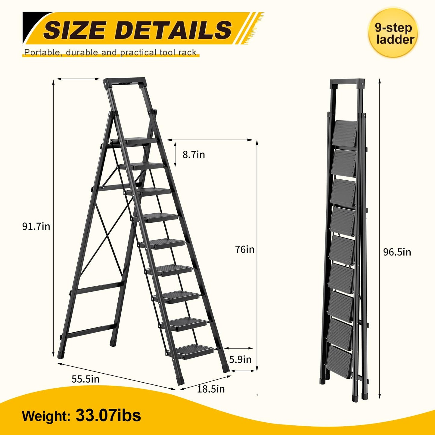 9 Step Ladder with Platform,Folding Step Stool Heavy Duty,Protable Step Ladders with Anti-Slip Widen Pedals,Handrail,Safe-Lock Design,Tall Kitchen/Closet Step Ladder for Adults