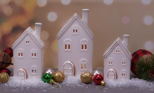Mark Feldstein & Associates Holiday Tea Light Village House Figurines - White Porcelain with Gold Trim, Set of 3, 8 Inch