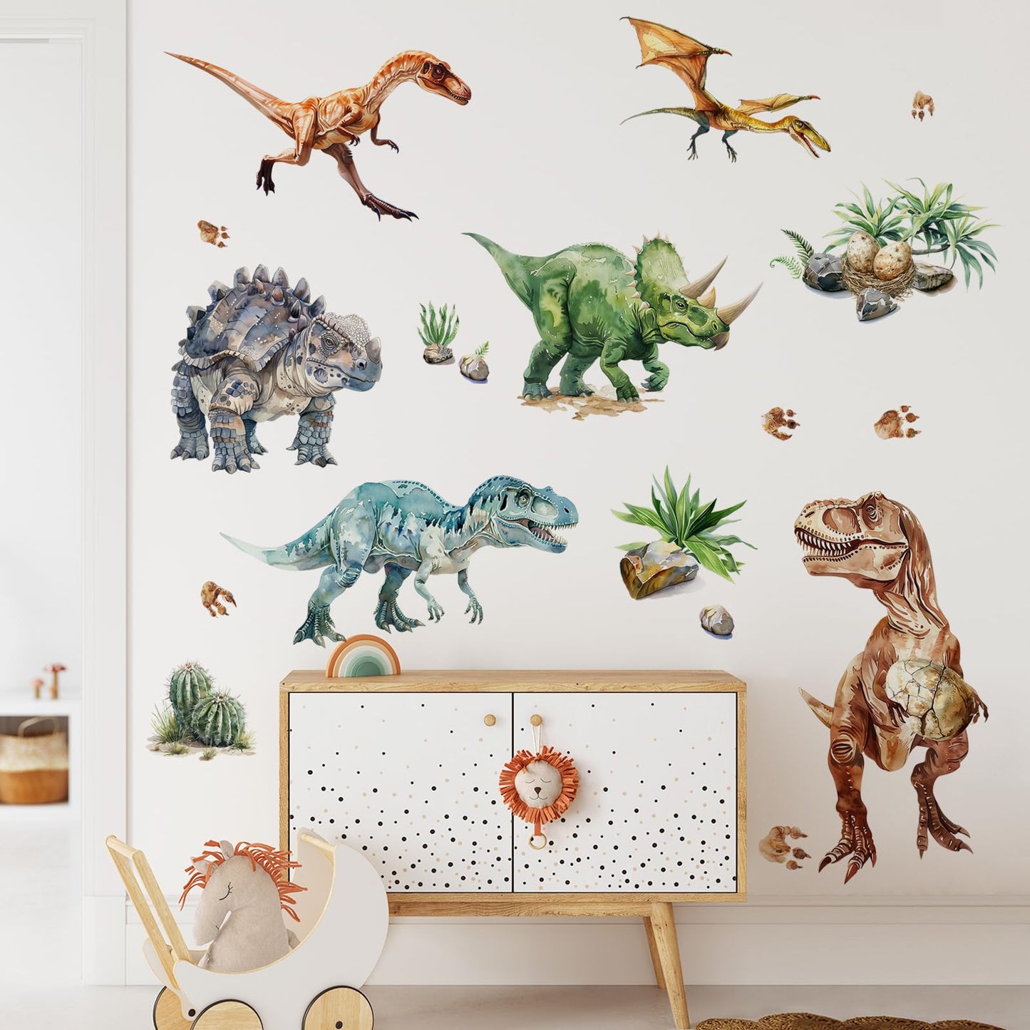 Supzone Dinosaur Wall Decals, Large Dino Wall Stickers Volcano Tropical Plants Cactus Peel and Stick Art Decoration for Boys Girls Kids Classroom Bedroom Toddler Playroom Nursery Room
