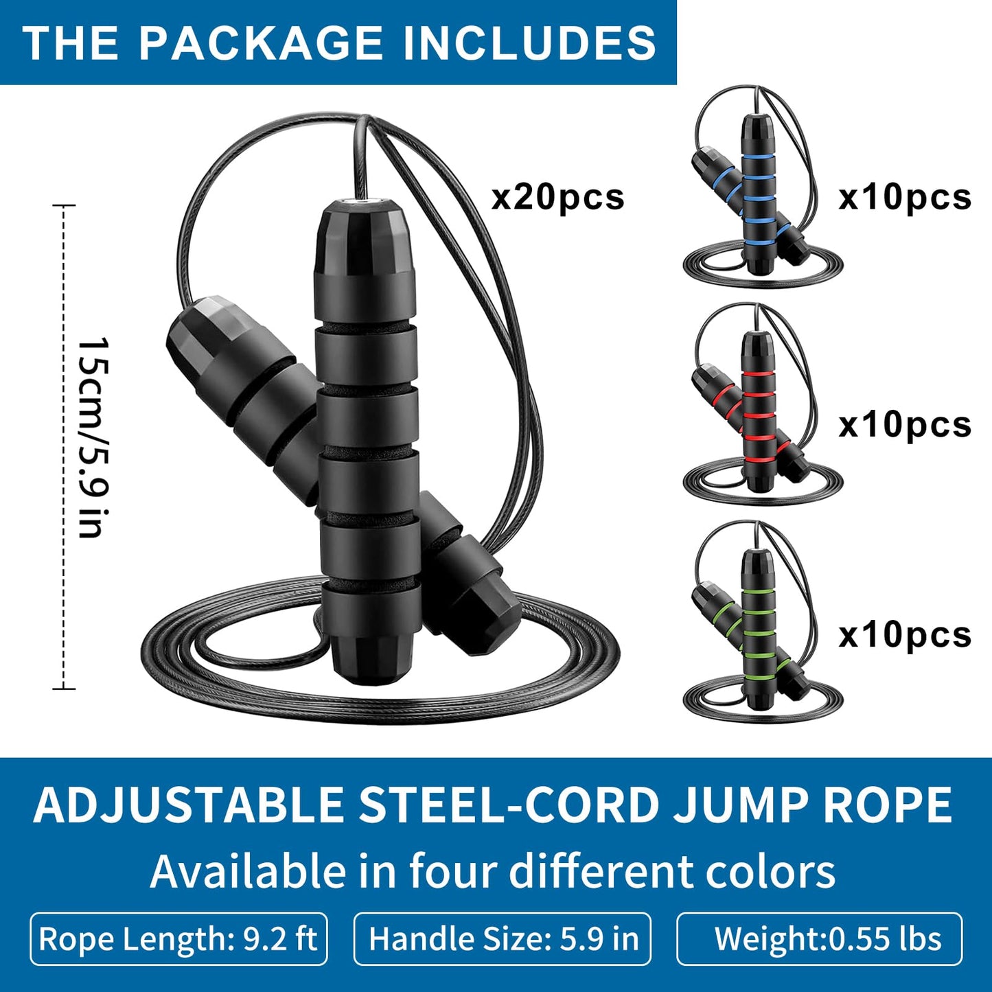 Bulk 50 Pack Jump Ropes, Steel Cable with Ball Bearings for Tangle-Free Rapid Speed Jumping, Adjustable Skipping Rope with Comfortable Foam Handles for Gym, Fitness Class, Home Workout