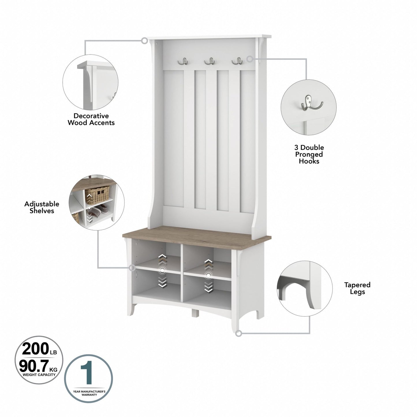 Bush Home Salinas Hall Tree with Shoe Storage Bench in Shiplap Gray and Pure White, Multi-Purpose Home Organizer, Entryway Solution with Seating and Hooks
