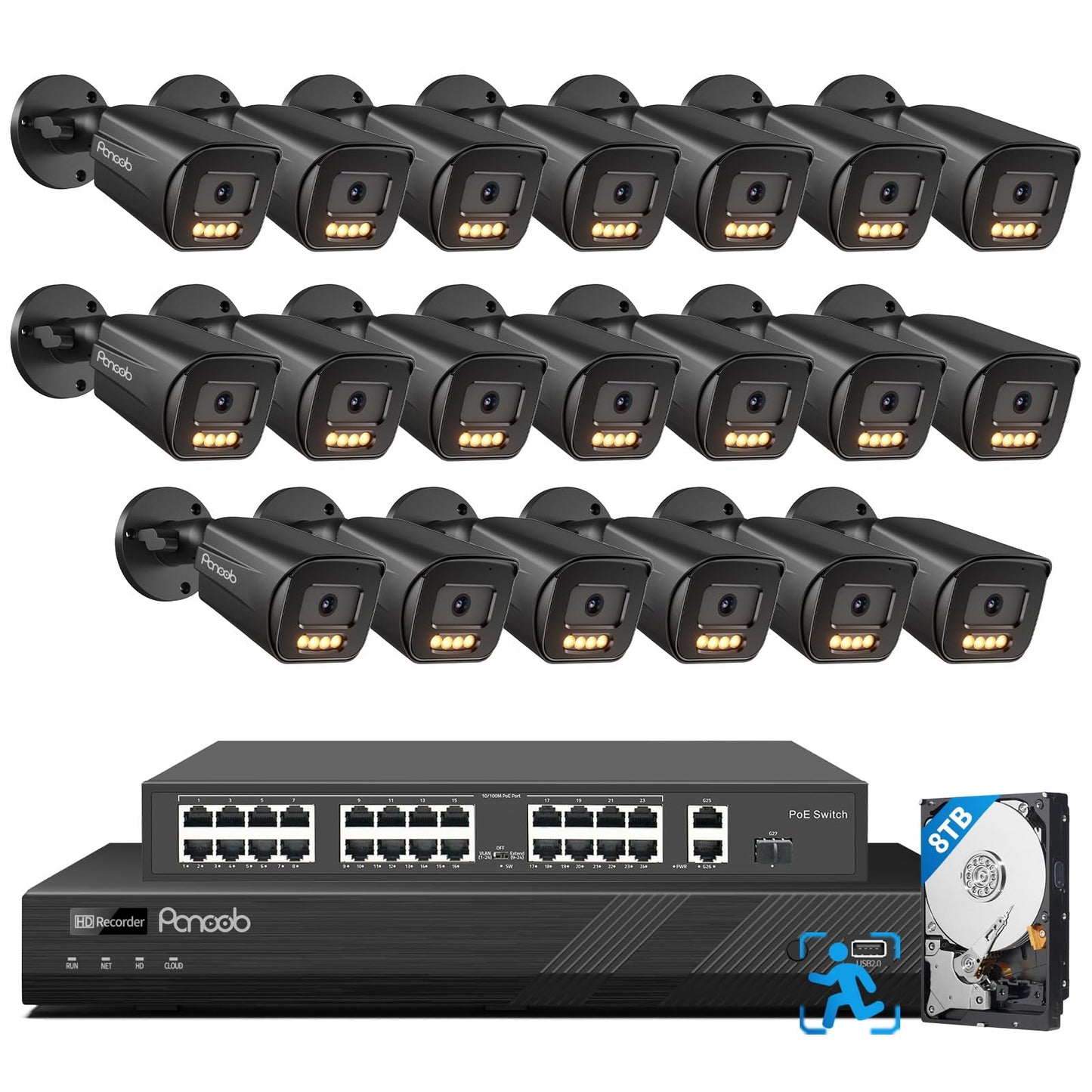 PANOOB 32 Channel Security Camera System, 20pcs 5MP PoE IP Bullet Camera, Smart Color Night Vision, 2 Way Audio Talking, AI Human Vehicle Detection, Remote Access, 4K 32CH NVR 8TB HDD, PB65B2032-5MD