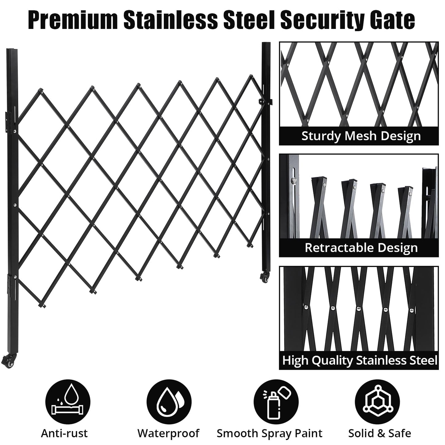61" H x 71" W Metal Folding Security Door, Outdoor Folding Door Gate, Steel Accordion Security Gate, Flexible Expanding Barricade Gate, 360° Rolling Expandable Gates for Garage/Courtyard/Gardens