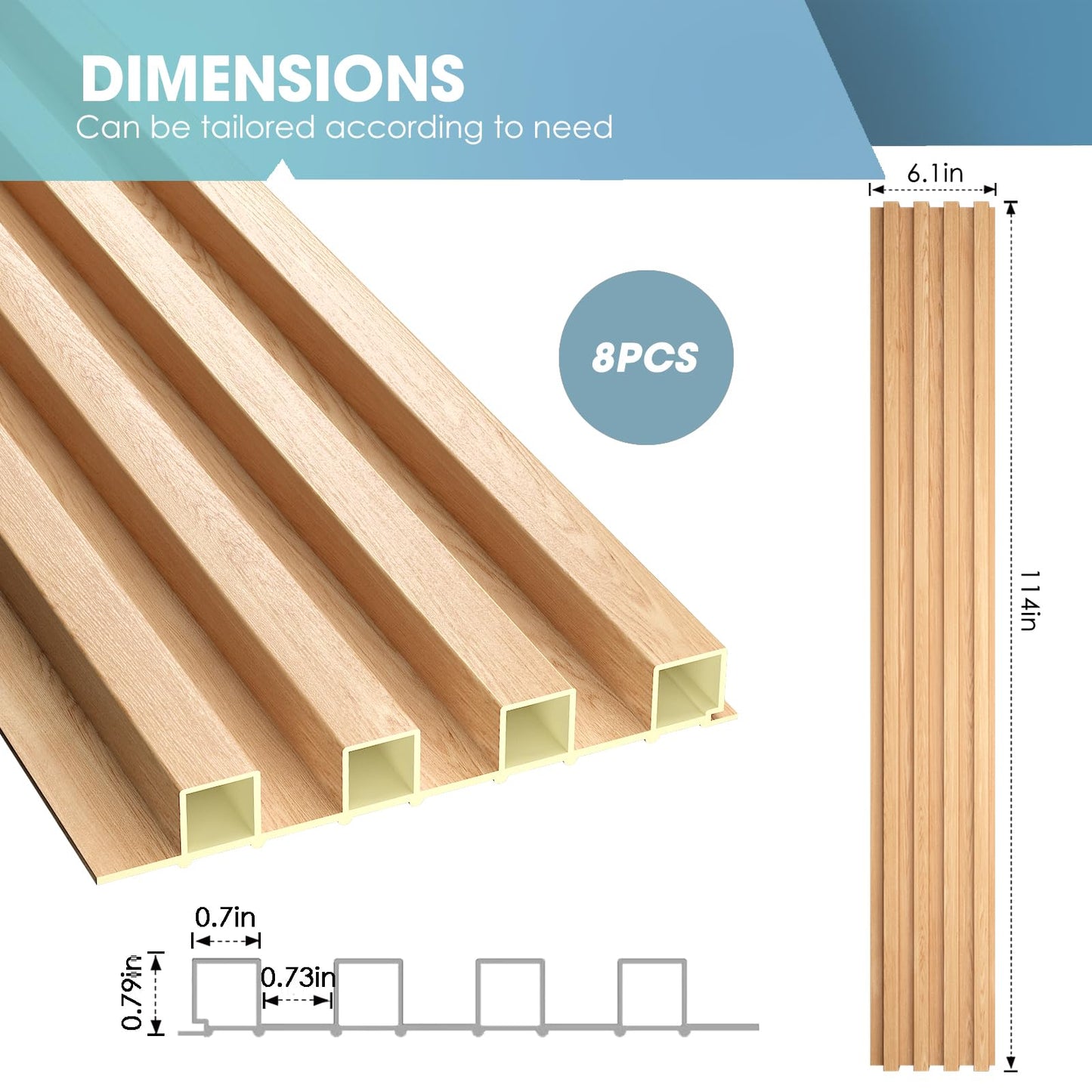 OUZUGIE WPC Acoustic Slat Wall Paneling, 8-Pack 114 x 6 Inches 3D Wall Panels for Interior Wall Decor,Living Room,TV Background,Study Room,Office Spaces,Bedroom,High Grille (Oak)