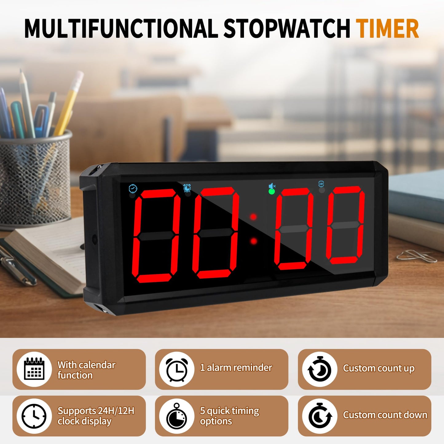 BS-MIAOBO 2.1 Inch LED Gym Clock, Portable Gym Timer, Fitness Timer with Stopwatch, Multi-Mode Countdown Timer with Calendar, 12/24H Clock & Alarm, for Workout, Training, Home and Daily Use