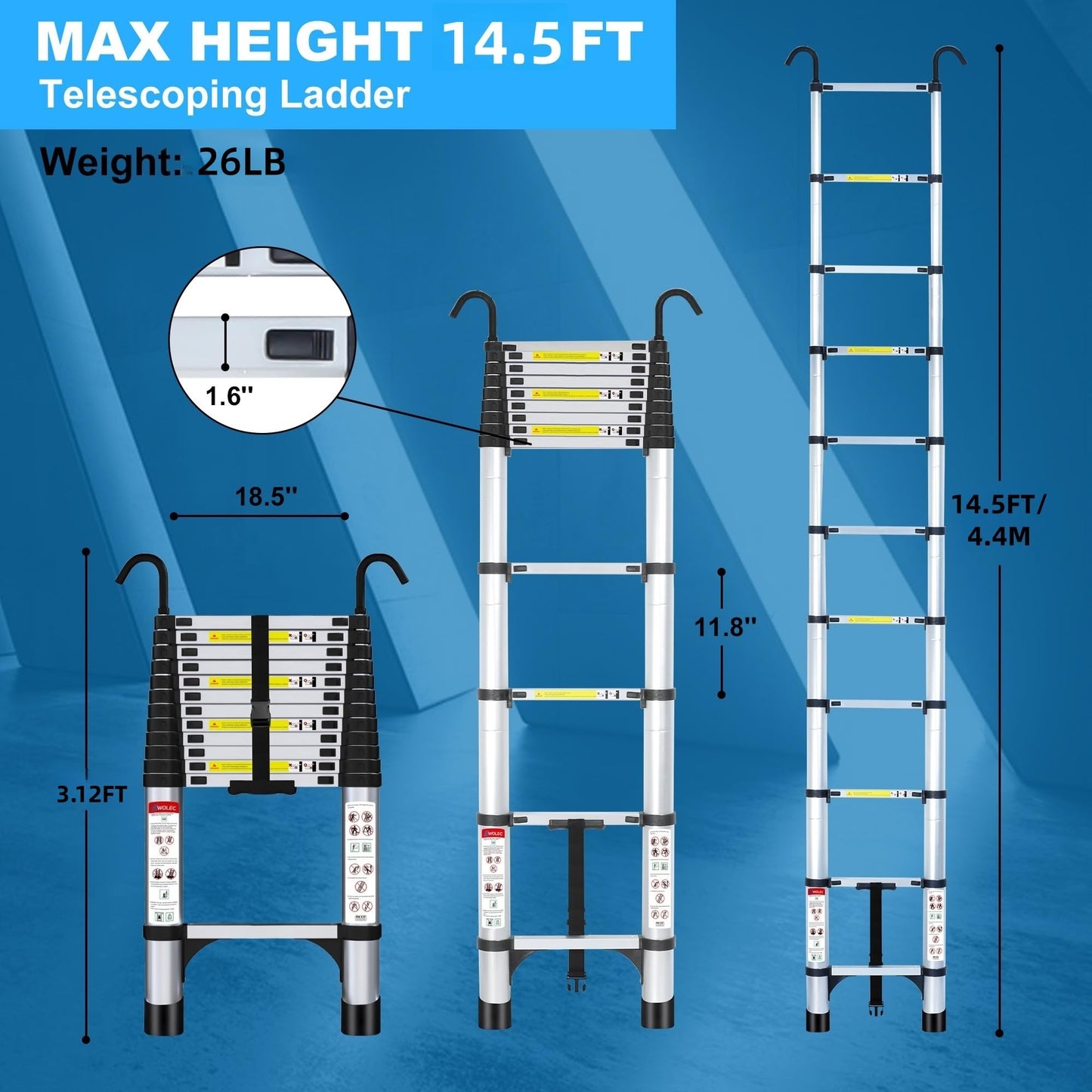 Wolec 14.5 ft Aluminum Telescoping Ladder, 330 lb Load, Hooks, Portable Collapsible Ladder for Home & Work,Silver