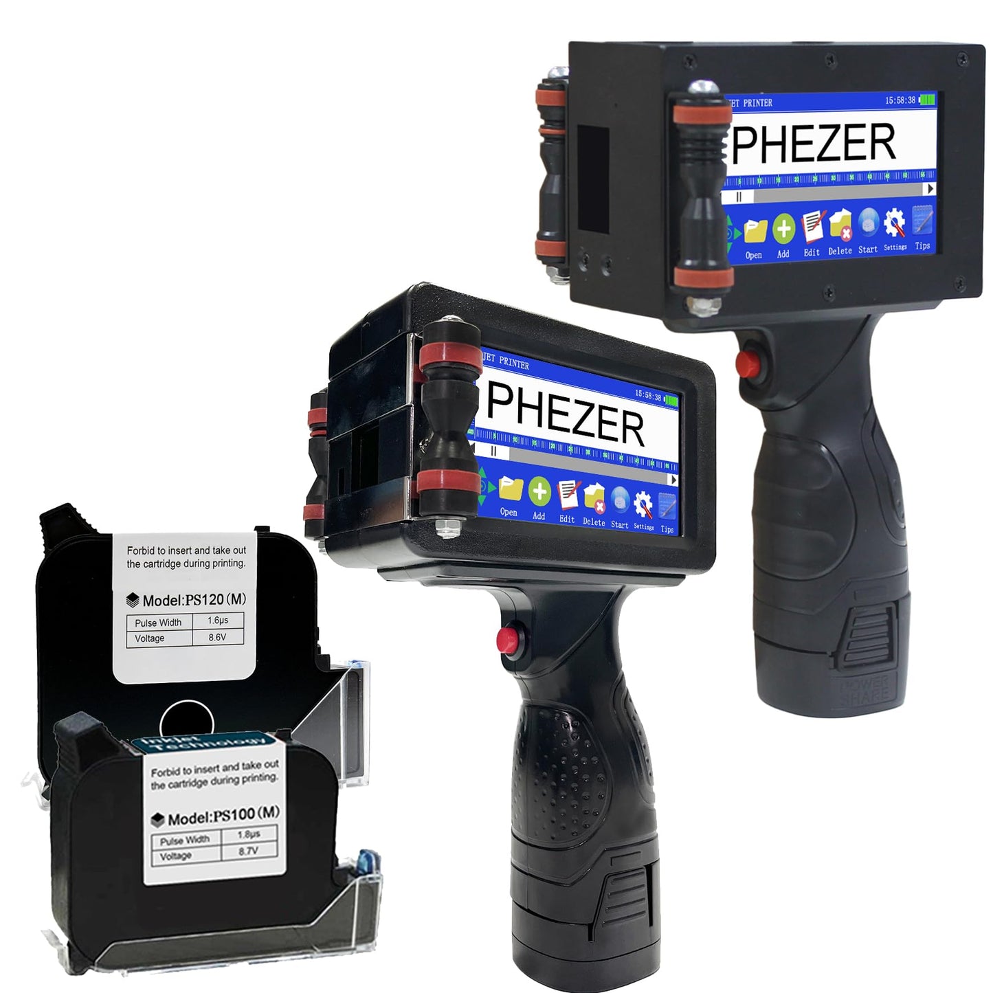 Phezer P16 Handheld Inkjet Printer, 4.3" Screen and Solvent Ink Cartridge, Portable Intelligent Coding Machine for Expiry Date/Time/Barcode/QR Code/Logo