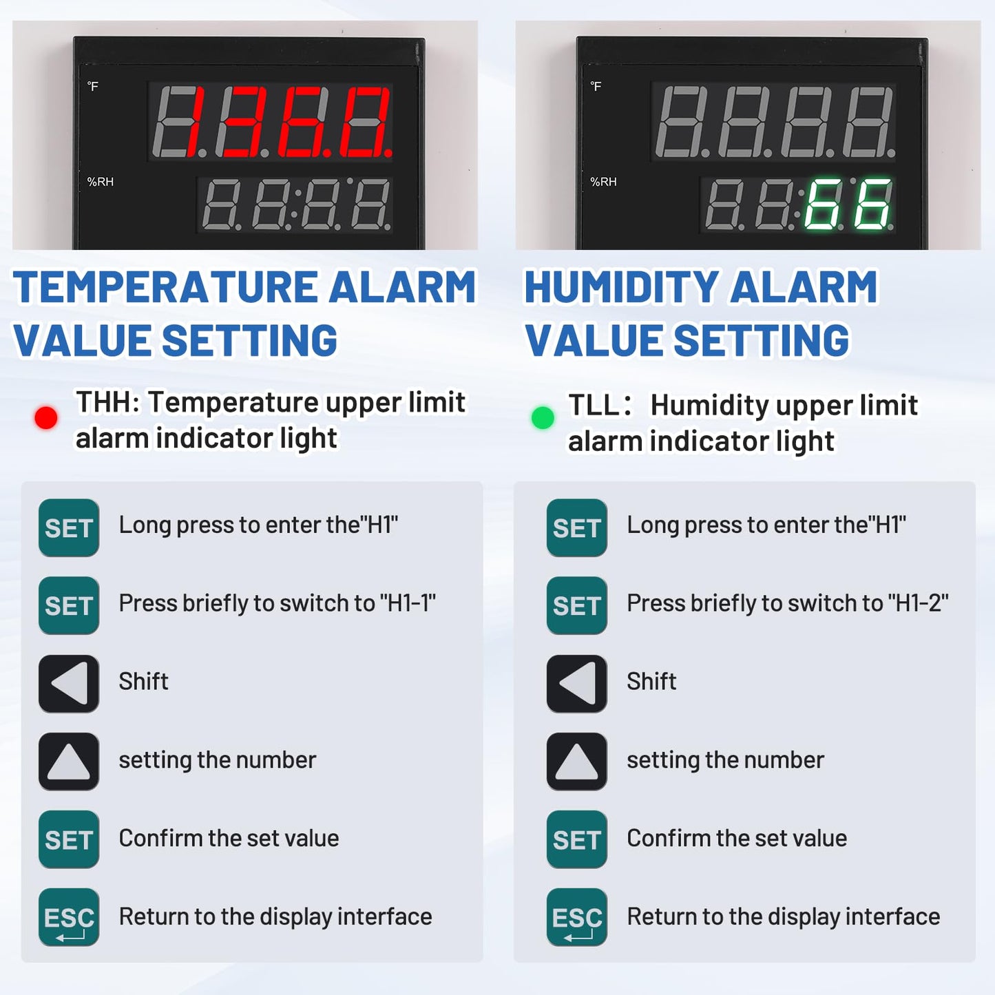 JIAWANSHUN Industrial Temperature Humidity Alarm, -40-185°F 0-100%RH Digital Thermometer Hygrometer, Independent Alarm Sound Light Alert Calibration for Greenhouse, Pet House, Chicken 110V