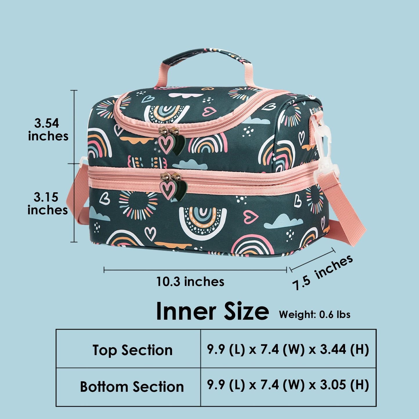 Life on track Insulated Kids Dual Compartment Lunch Bags Tote Pack for Girls Boys Toddler Kindergarten School Picnic Cooler Thermal Lunch Boxes with Strap (Green Rainbow)