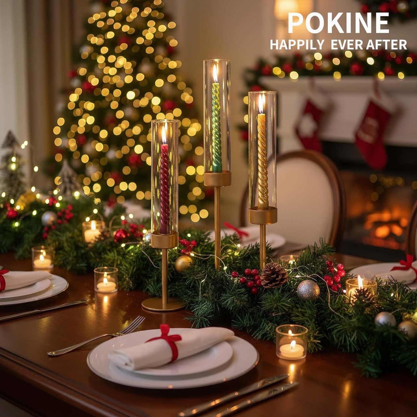 POKINE Tall Candle Holders - Set of 3 Hurricane Glass Taper Holders for Weddings & Parties