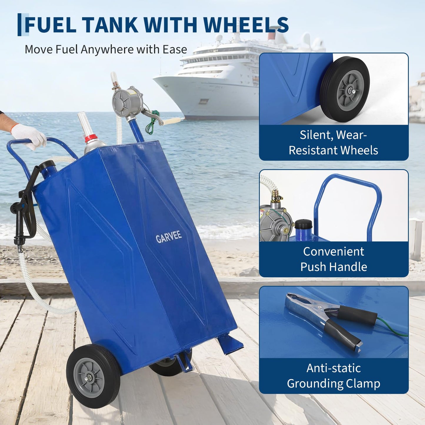 30 Gallon Fuel Gas Caddy Storage Tank, Portable Gas Caddy with Wheels, Manual Rotary Transfer Pump, Fuel Hose, Wide Fill Opening, Vent and Level Gauge, Mobile Gasoline Diesel Transfer Tank for ATV, Mower, Tractor, Car, Boat