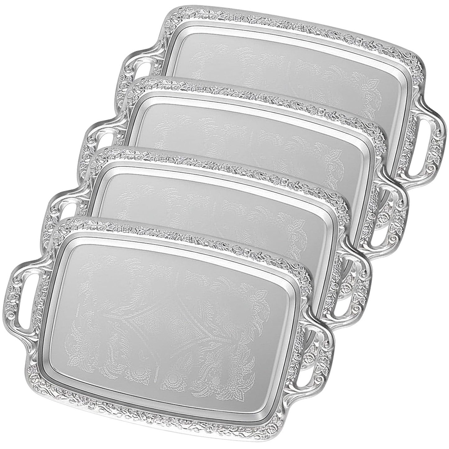Tiangrid 4 Pcs Silver Serving Tray Elegant Floral Metal Plate Silver Platter for Buffet Wedding Party Jewelry Decorative (Oblong with Handle)