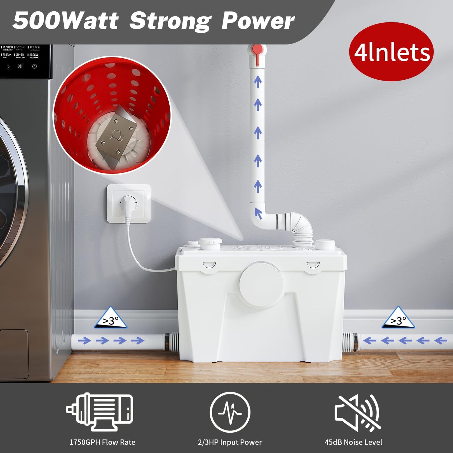 Macerating Toilet with Pump, Two-Piece Upflush Toilet For Basement, Powerful & Quiet Macerating Pump System With 4 Water Inlet, 23Ft Vertically, Elongated Bowl