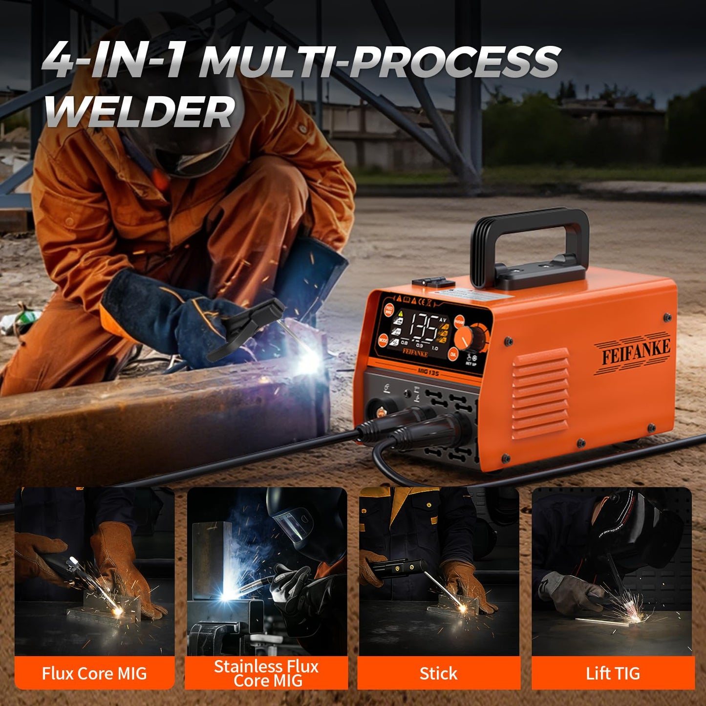 FEIFANKE 135A Flux Core MIG Welder 110V, 4-in-1 Synergic Gasless MIG/Stainless Flux MIG/Stick/Lift TIG for Sheet Metal, Portable IGBT Inverter with Large LED Display for Beginners & Professionals