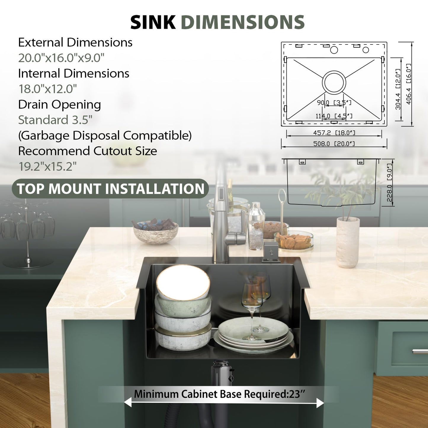Mocoloo 20 Inch Gunmetal Black Drop in Bar Sink - 20" x 16" Small Kitchen Sink T304 Stainless Steel Handmade Single Bowl Round Corner Topmount Wet Bar Sink for Kitchen Prep & RV