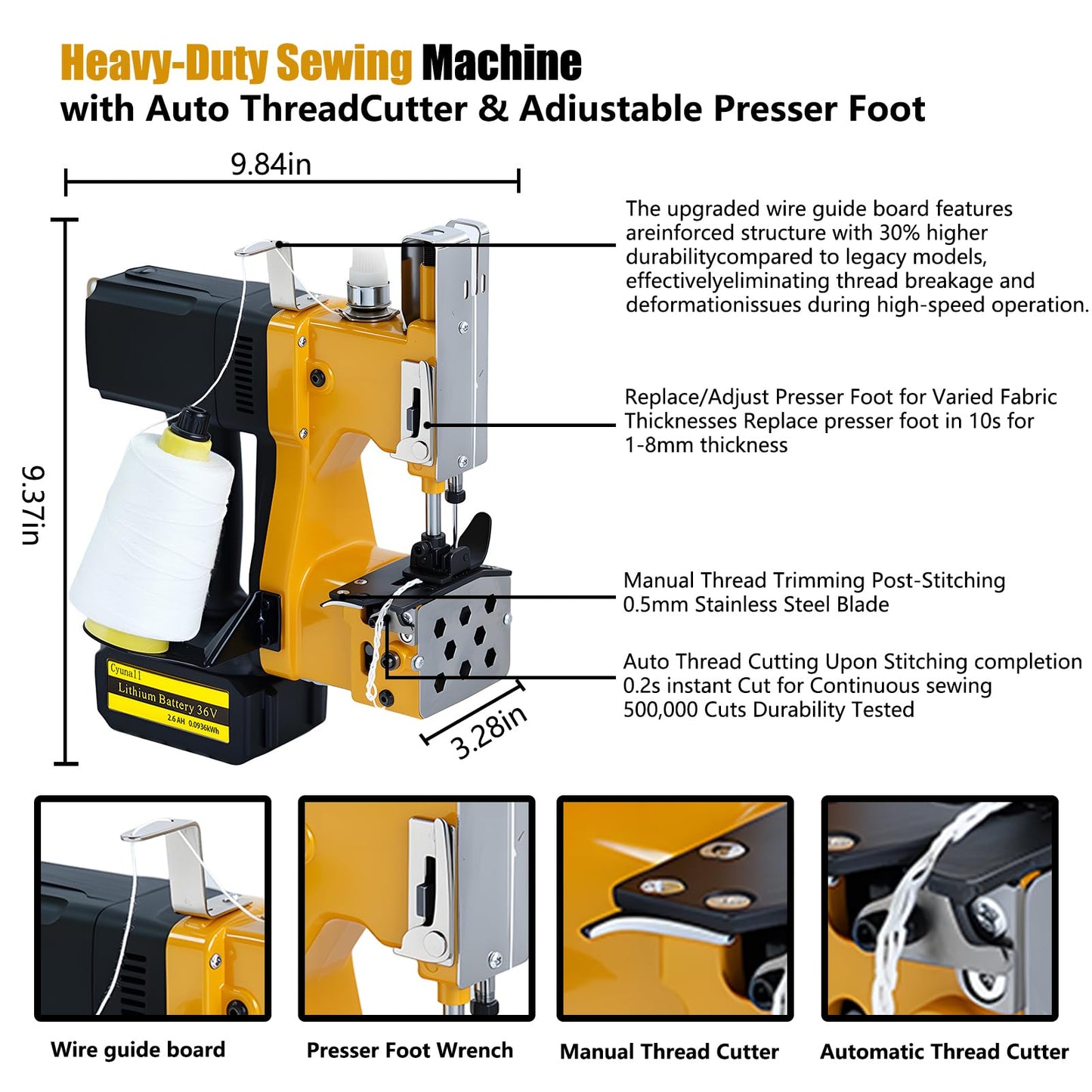 Bag Sewing Machine-Portable Battery Handheld Cordless Bag Sewing Machine,Automatic Bag Stitcher With Thread for Burlap Sack, Canvas,Feed Sacks,Rice Bags,Jute Bags,Seed Bags(Machine+1 battery)-Yellow