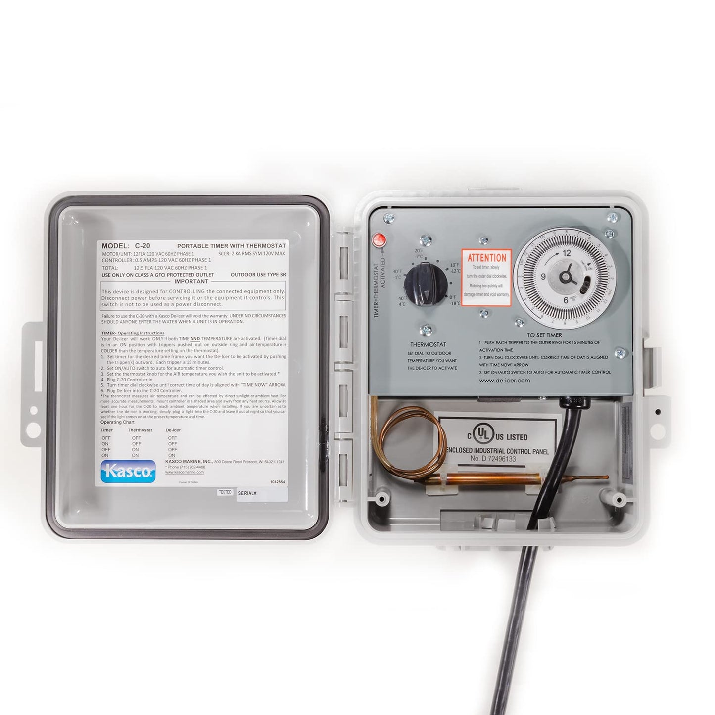 Kasco De-Icer Time & Temperature Controller C-20 - Air Temperature Thermostat and Timer | Automatically Turn On/Off 120V De-icer | Operates B/W 0-80 °F