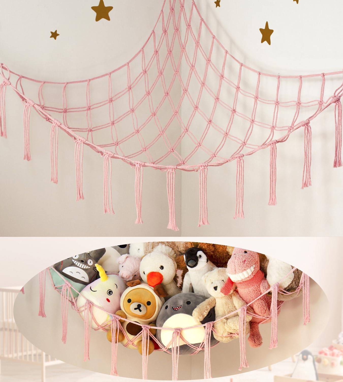 Skiennix Stuffed Animal Storage Hammock - Pink Corner Net Organizer for Teen Girls' Room Decor