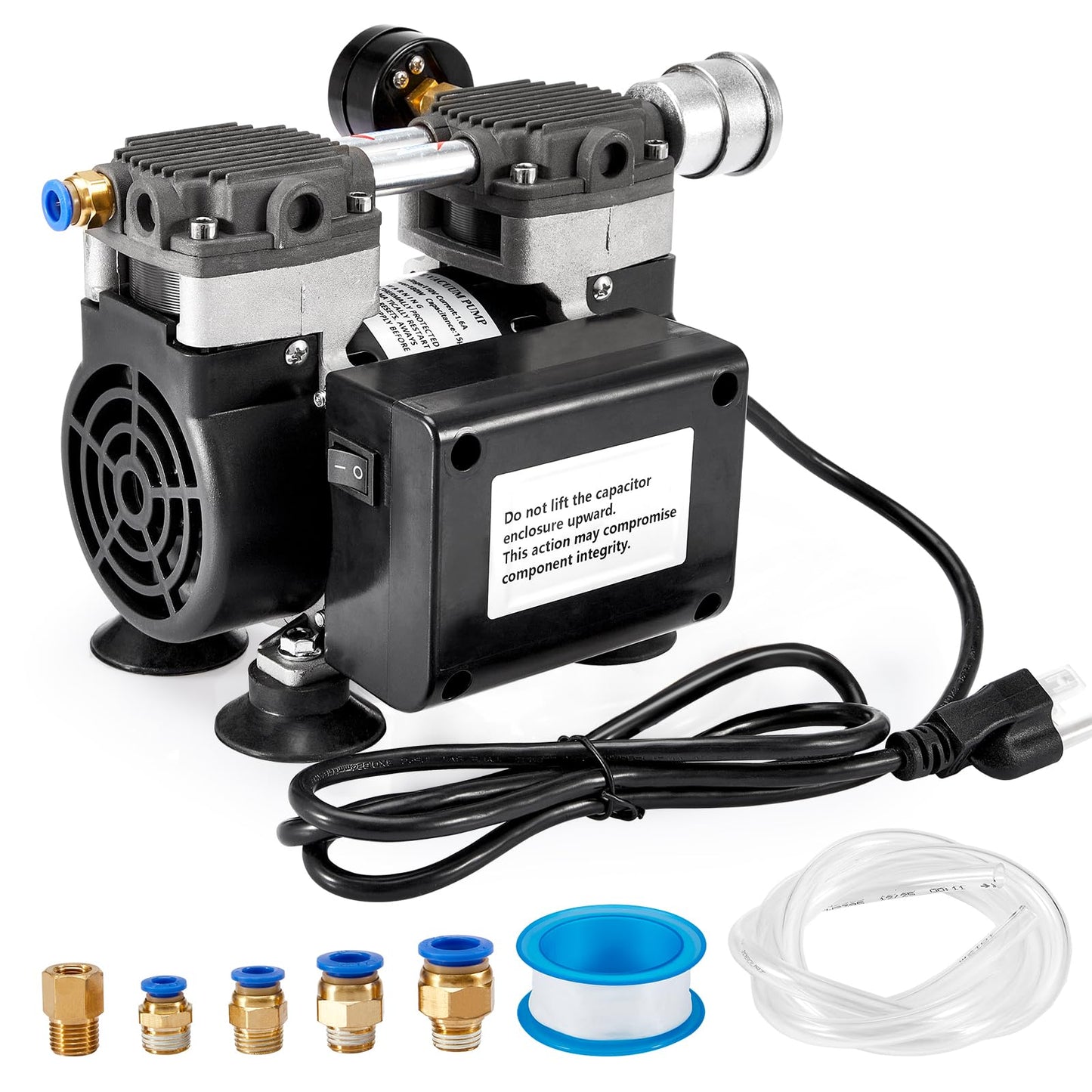 ScitoLAB Vacuum Pump 50 L/Min, Oilless Pump with Upgraded Capacitor, Vacuum Meter, Aluminum Silencer, 4 Quick Connectors, for Lab Electronics Industry