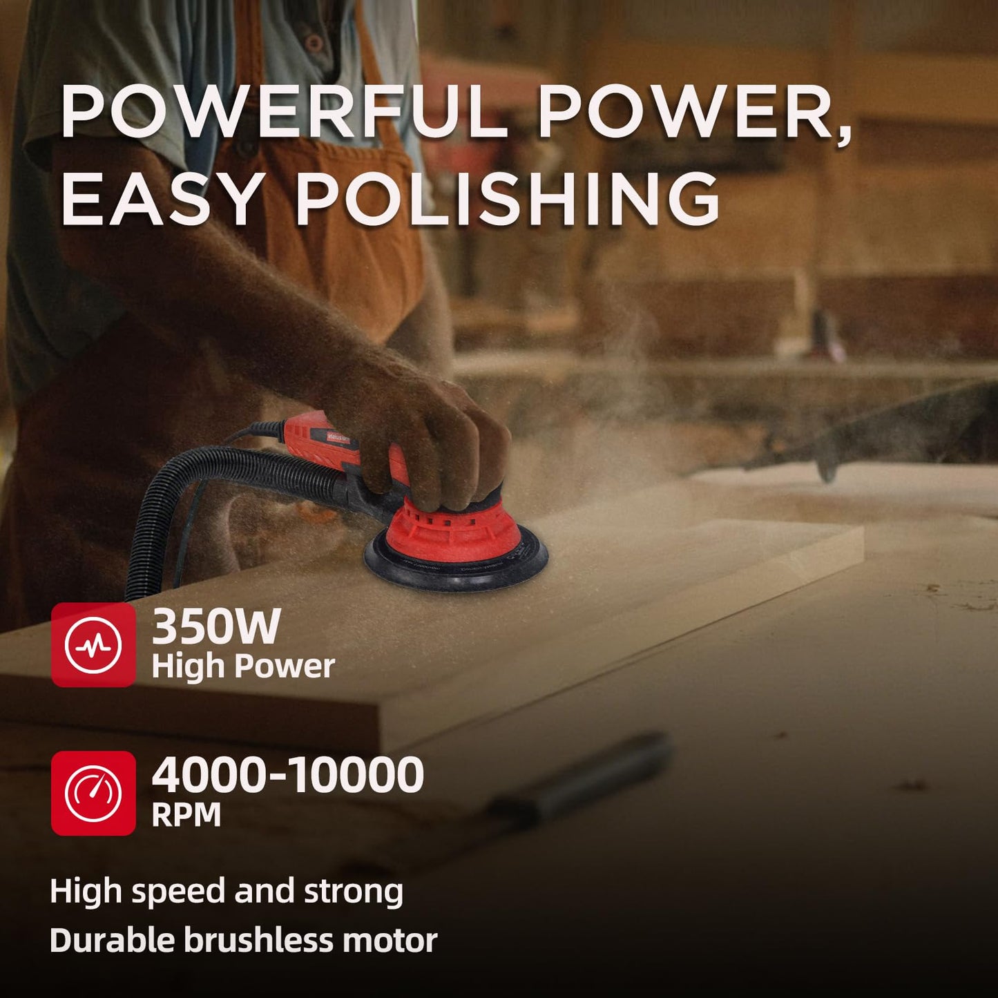 5mm Random Orbital Sander Wired，350W Brushless，4000-10K RPM Variable Speed ，Electric Palm Sander for Woodworking, Sanding and Polishing ，with 10 Sanding Paper & Dust Connector & Hose