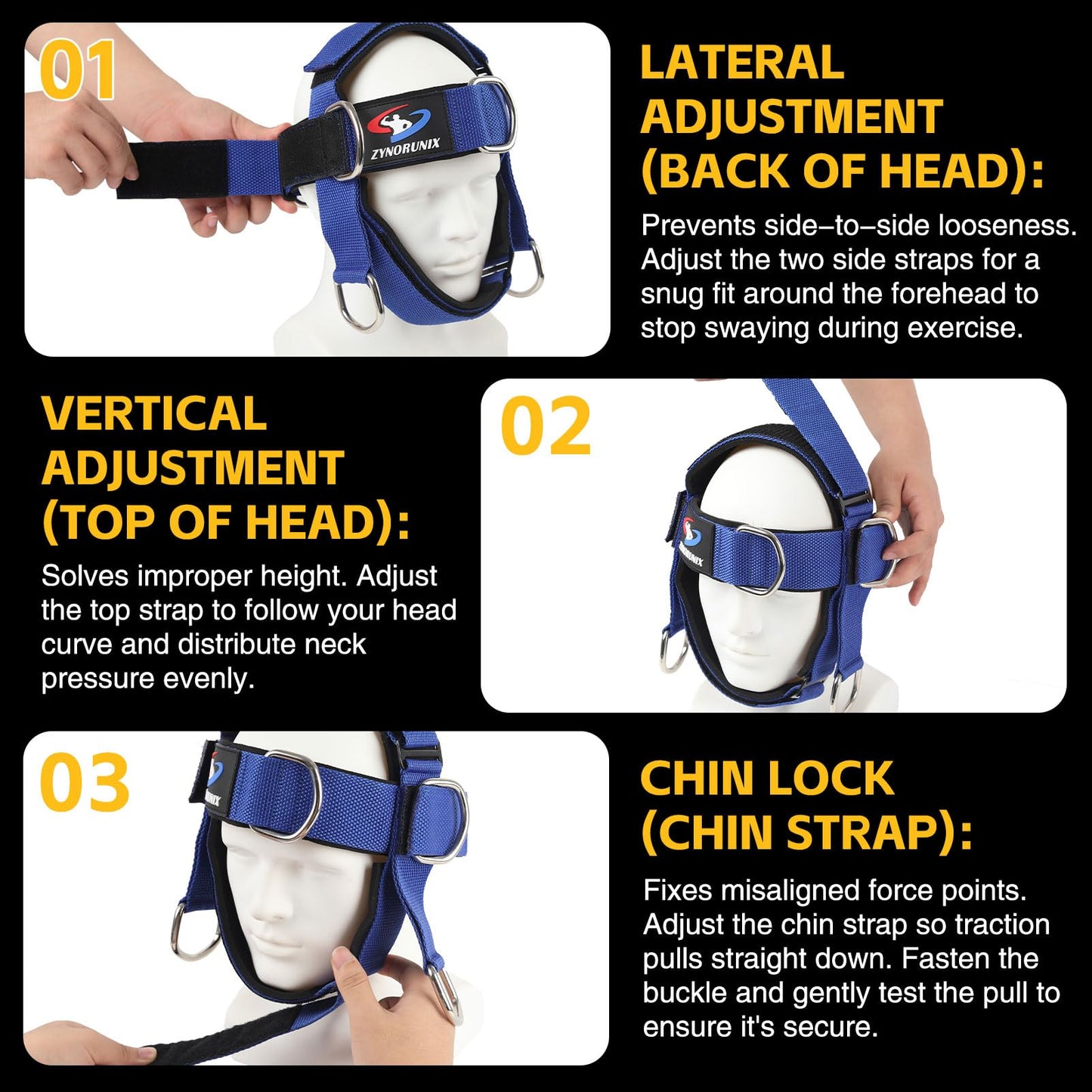 Fitness Neck Head Harness Trainer, Adjustable Chin Strap and Head Harness Strength with Nylon Tether, Neoprene Neck Workout Exerciser for Weight Lifting, Home and Gym Use, Blue